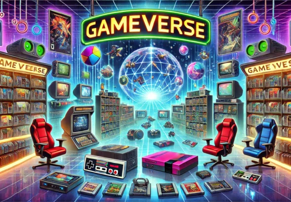 DALL·E-2024-12-20-21.28.17-A-detailed-digital-illustration-depicting-a-vibrant-gaming-archive-room-labeled-Gameverse.-The-room-is-filled-with-retro-and-modern-gaming-consoles